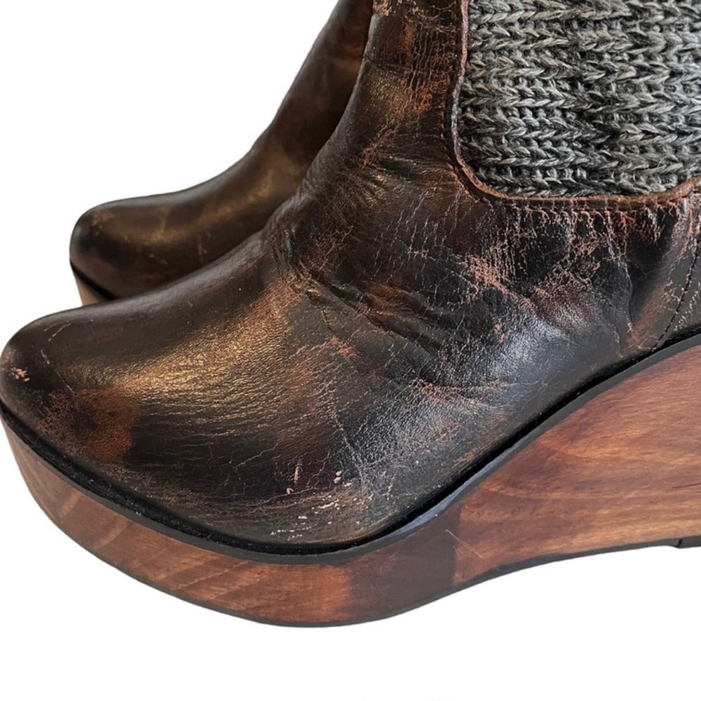 BED STU Bruges Distressed Leather Wooden Wedge Heel Boots Women’s 7.5 Knit Upper